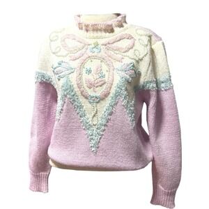 Vintage 80s Pearl Embellished Purple CottageCore Fairy Whimsical Sweater Top 💟